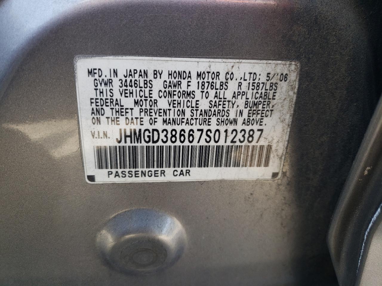 JHMGD38667S012387 2007 Honda Fit S