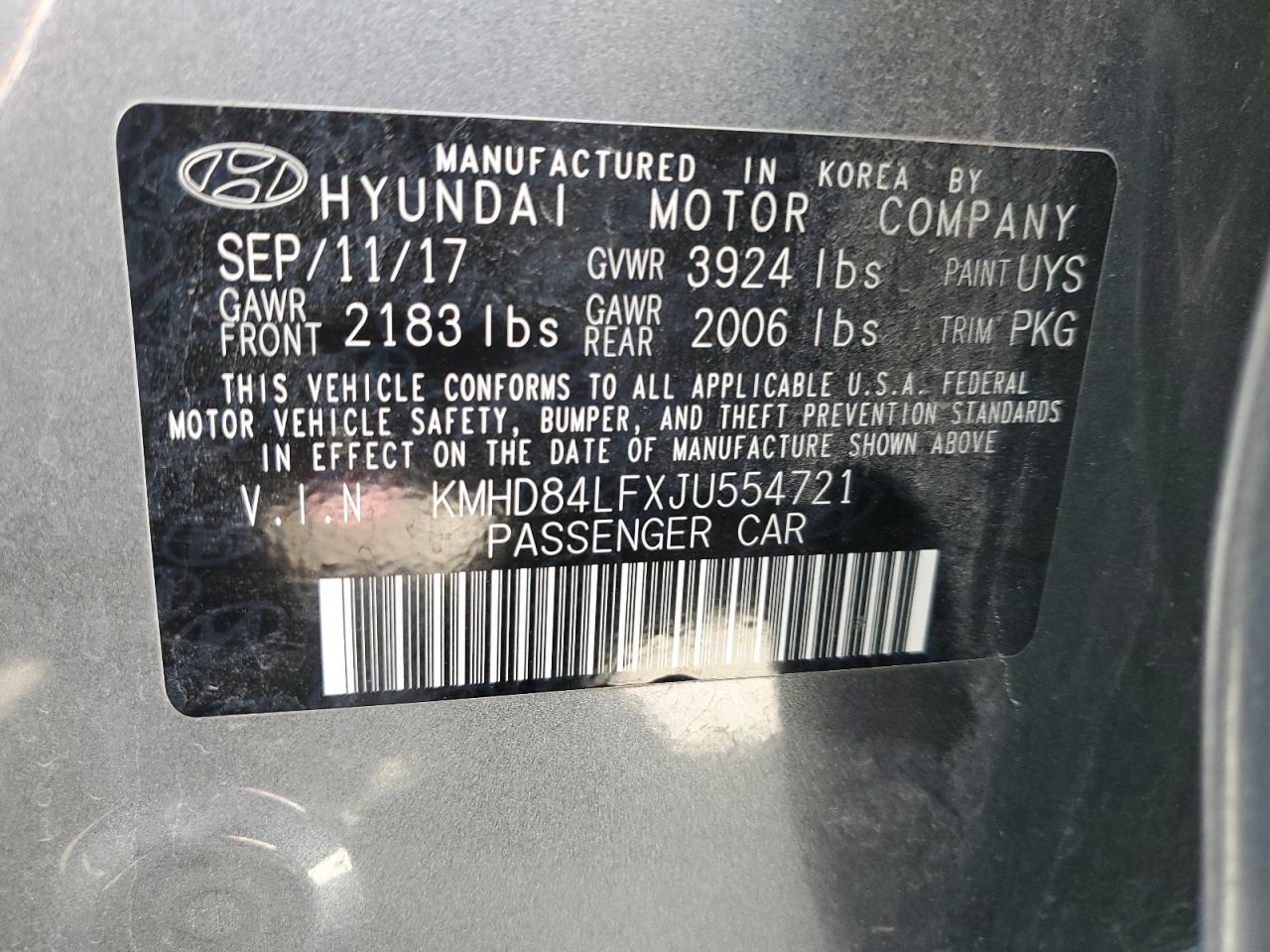 2018 Hyundai Elantra Sel vin: KMHD84LFXJU554721