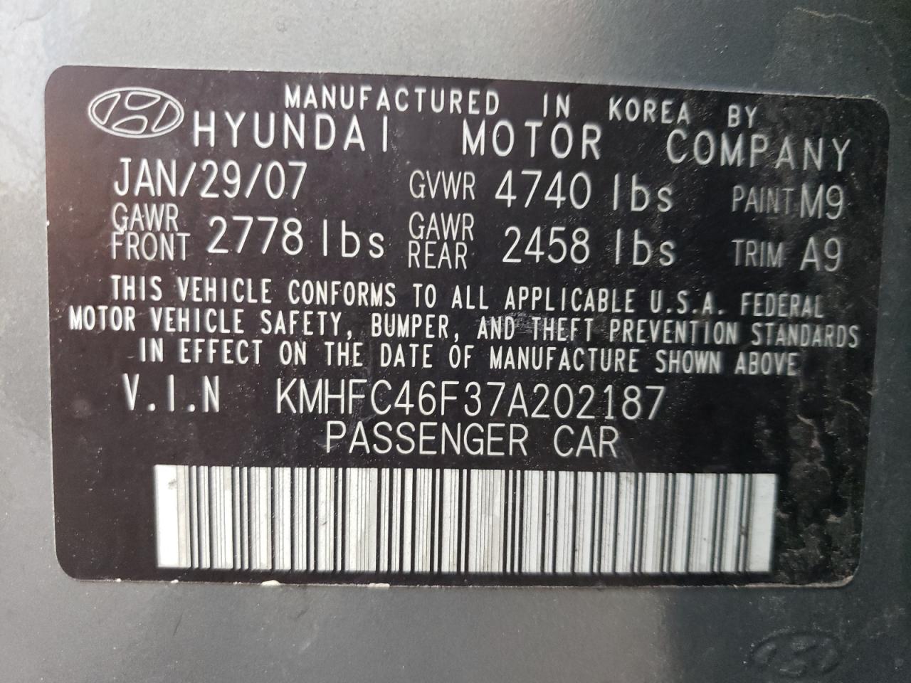 KMHFC46F37A202187 2007 Hyundai Azera Se