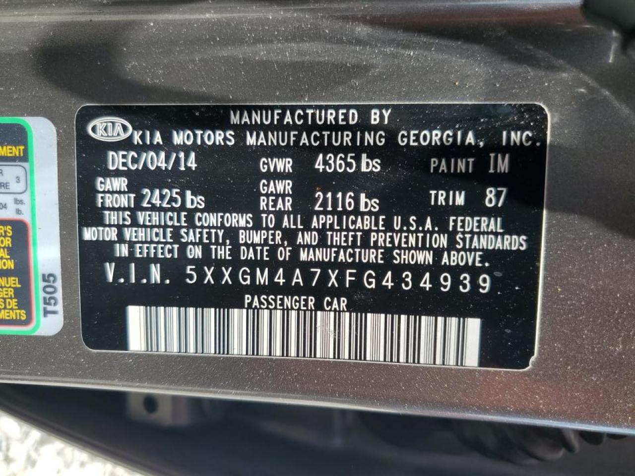 5XXGM4A7XFG434939 2015 Kia Optima Lx