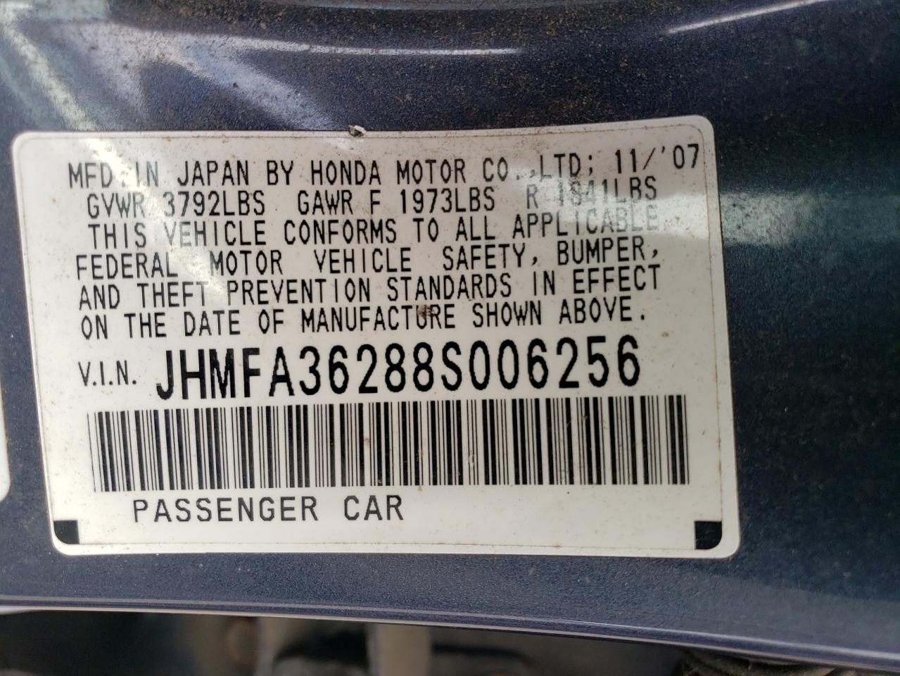 JHMFA36288S006256 2008 Honda Civic Hybrid