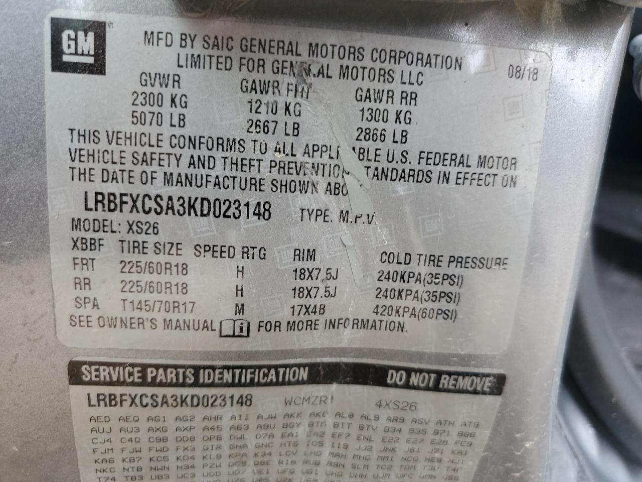 LRBFXCSA3KD023148 2019 Buick Envision Essence