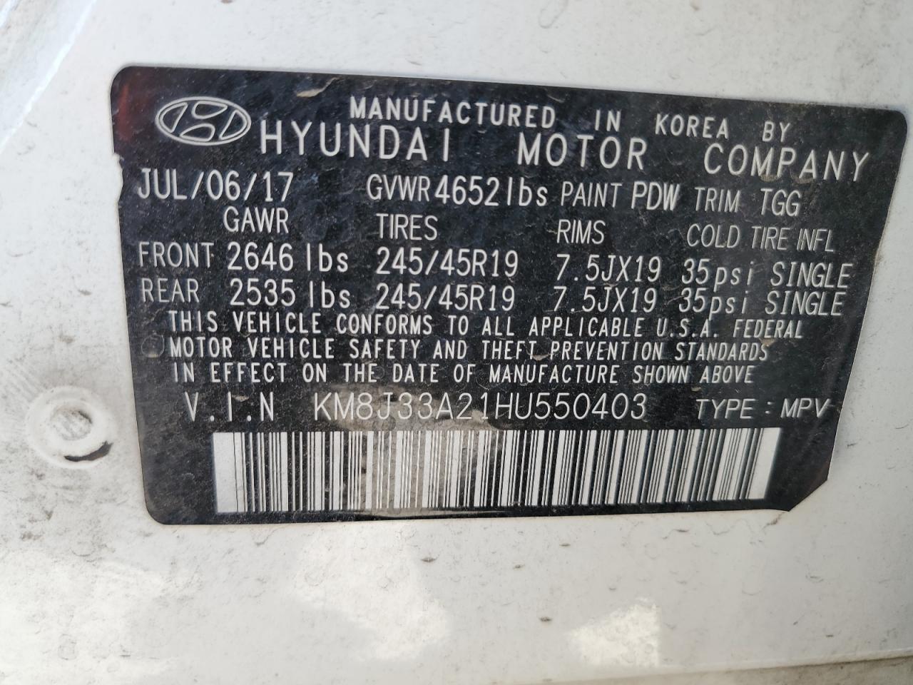 KM8J33A21HU550403 2017 Hyundai Tucson Limited