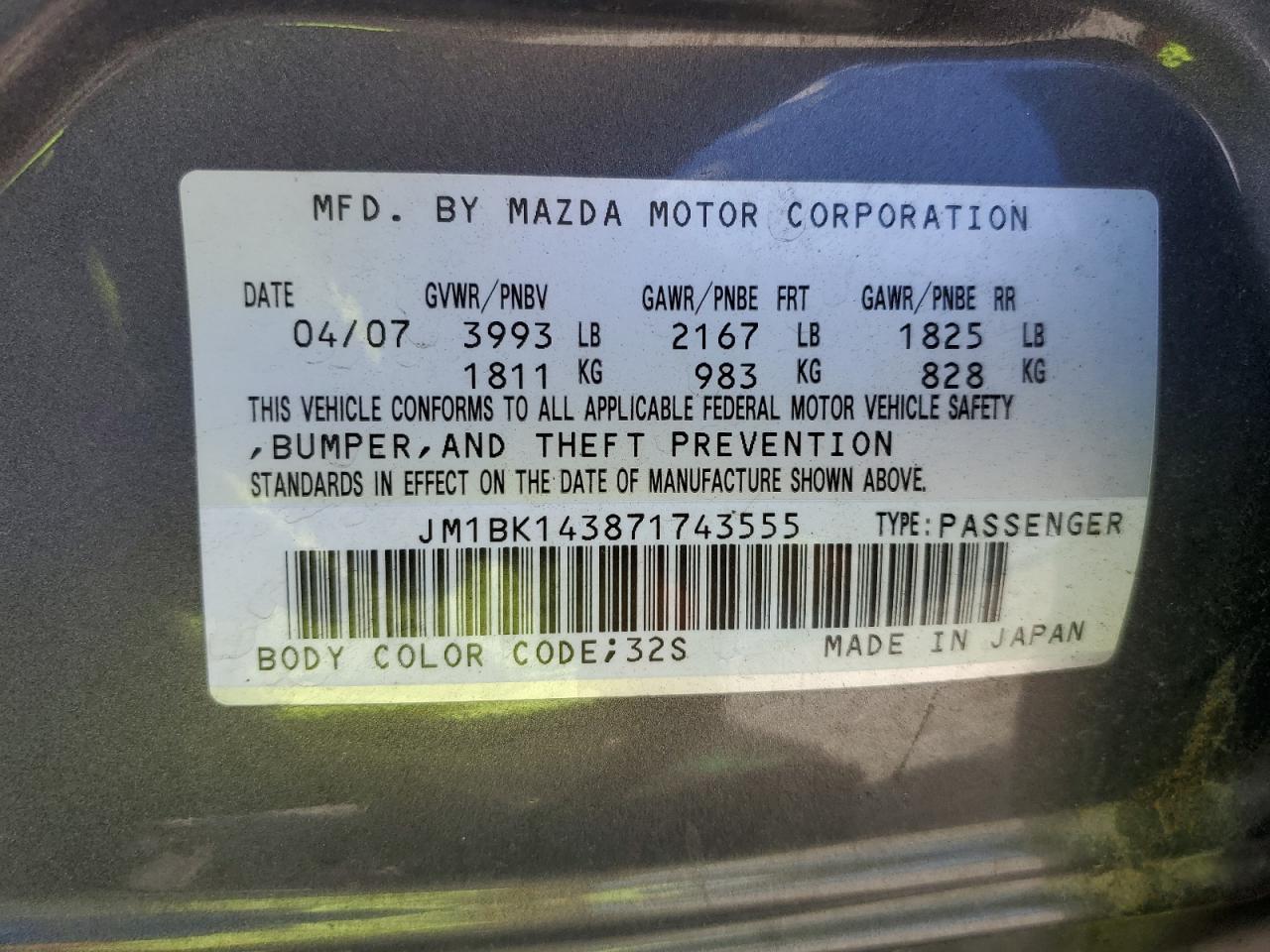 JM1BK143871743555 2007 Mazda 3 Hatchback