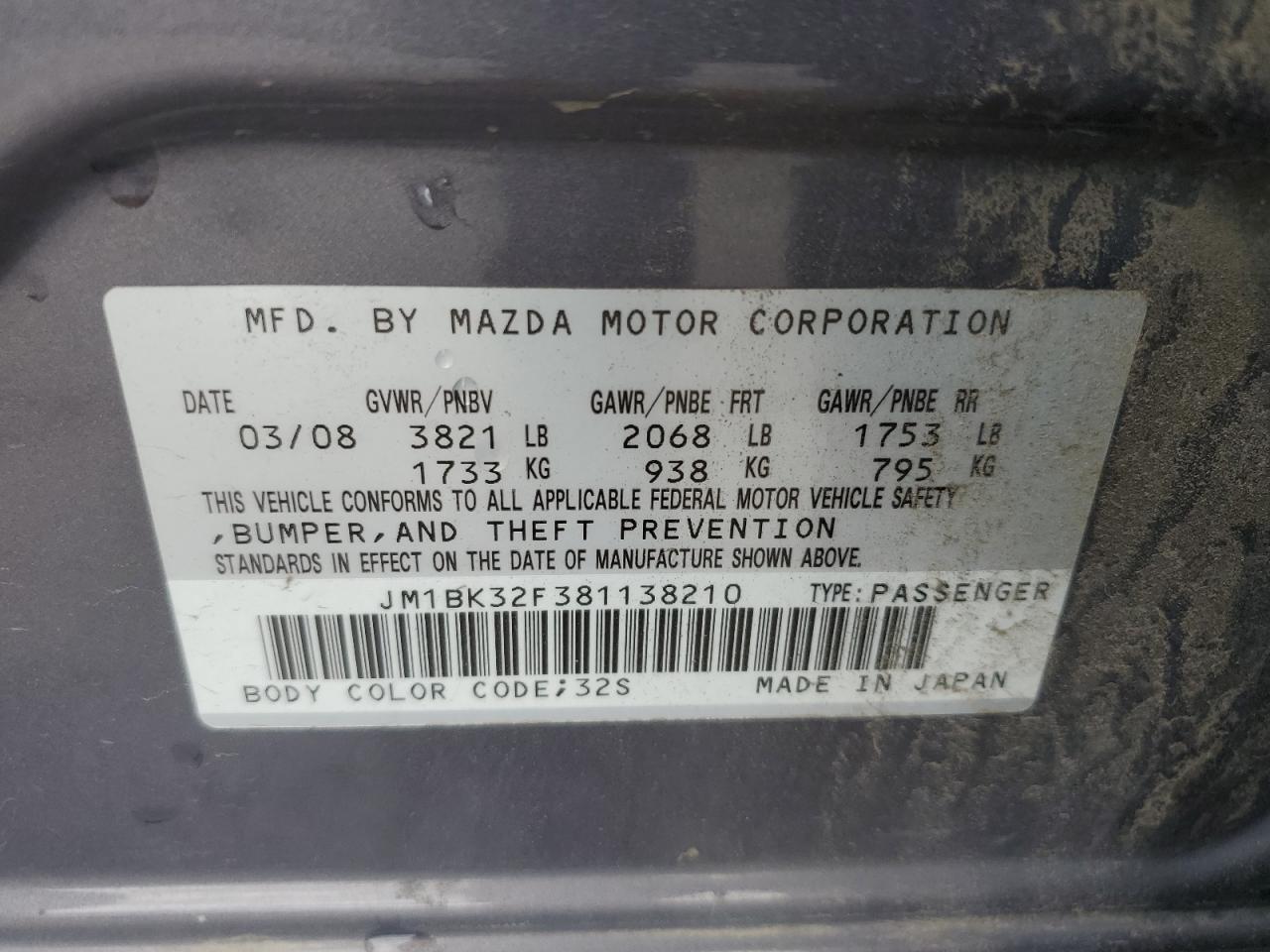 JM1BK32F381138210 2008 Mazda 3 I