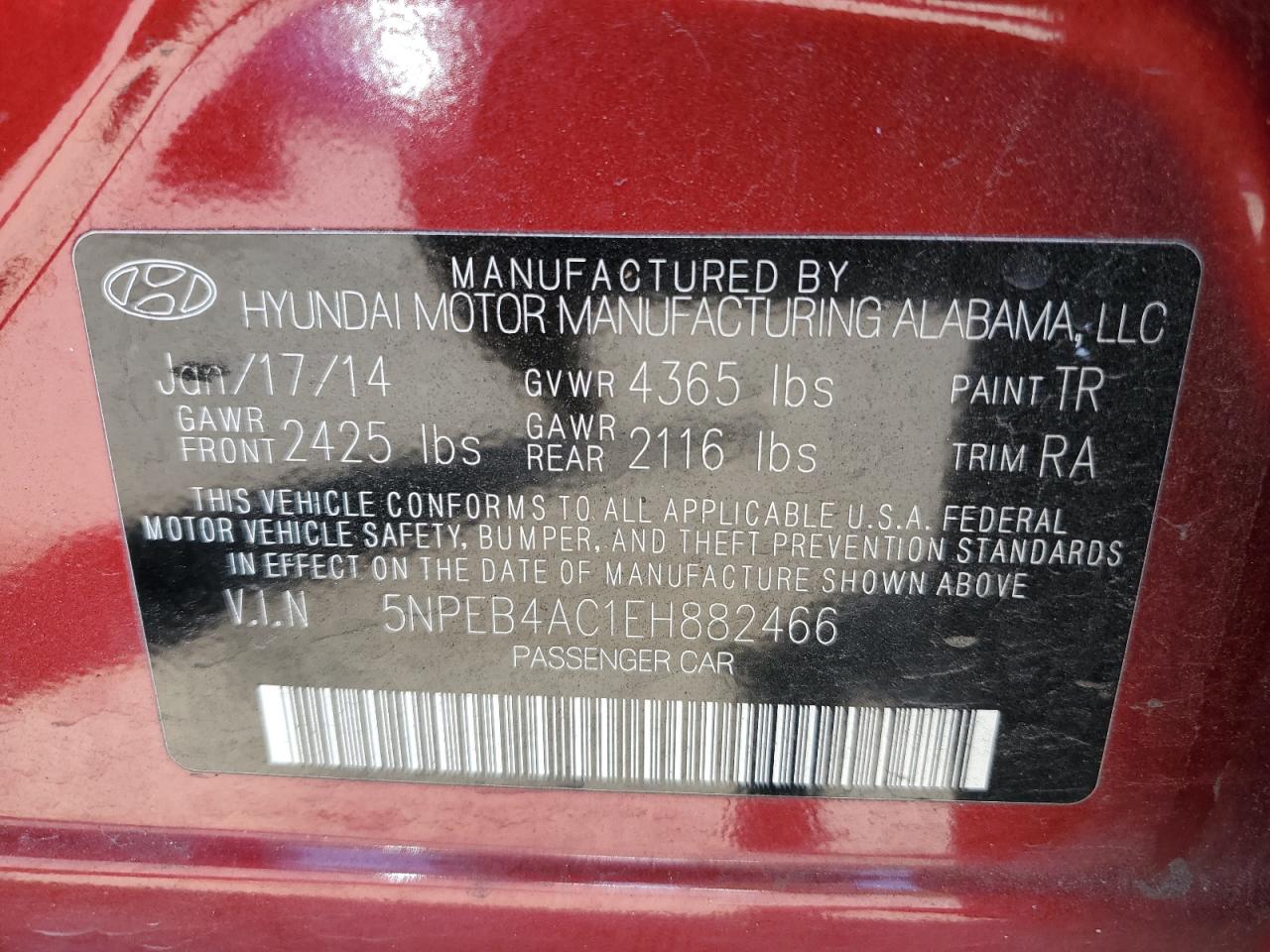 5NPEB4AC1EH882466 2014 Hyundai Sonata Gls