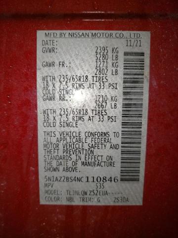 2022 Nissan Murano Sv VIN: 5N1AZ2BS4NC110846 Lot: 59766294