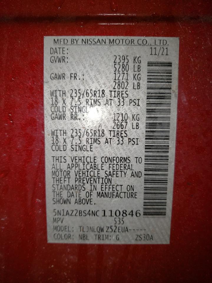 5N1AZ2BS4NC110846 2022 Nissan Murano Sv