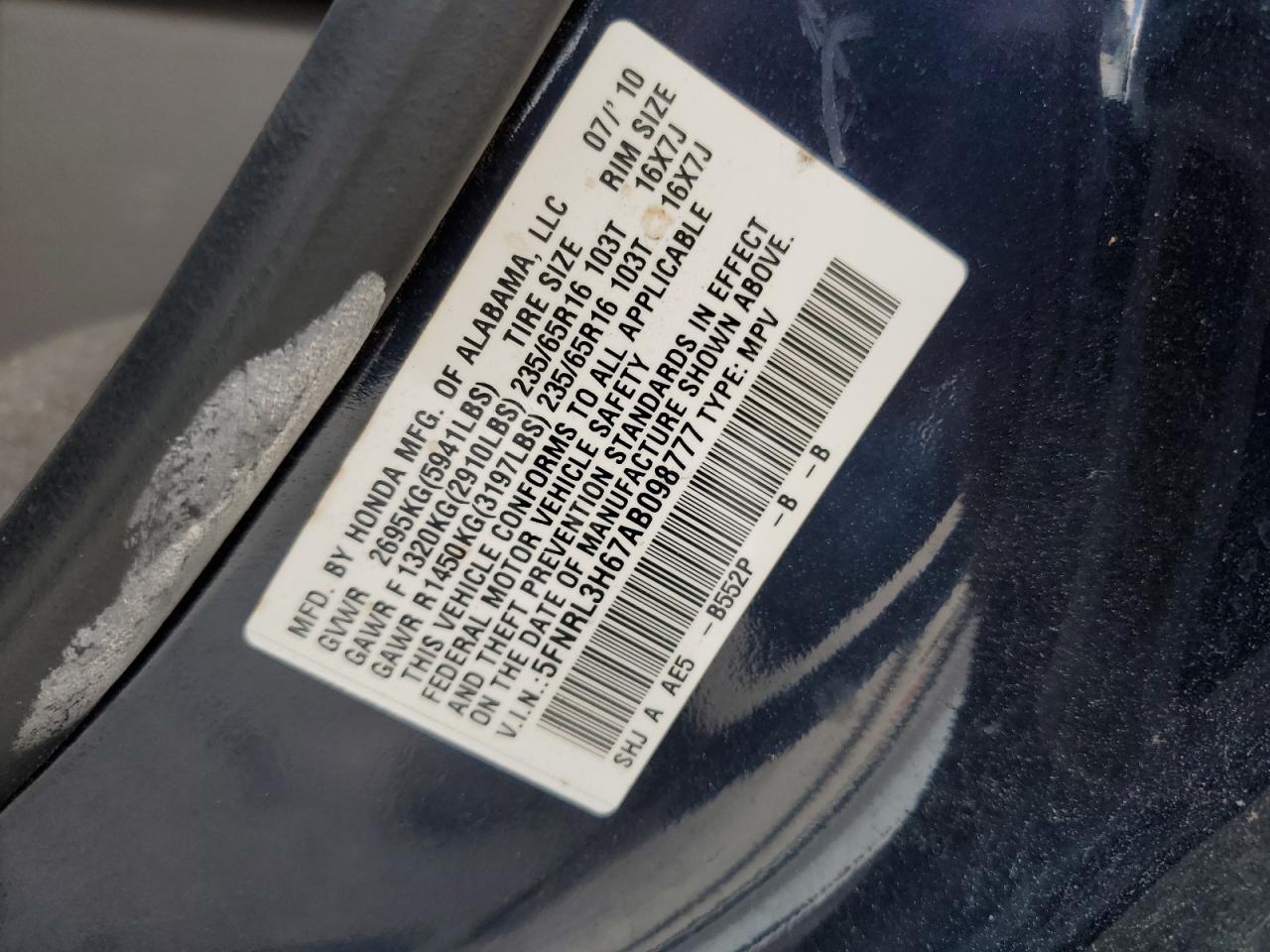 5FNRL3H67AB098777 2010 Honda Odyssey Exl