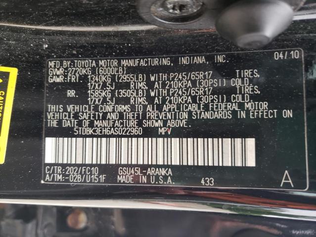 2010 Toyota Highlander VIN: 5TDBK3EH6AS022960 Lot: 57919624