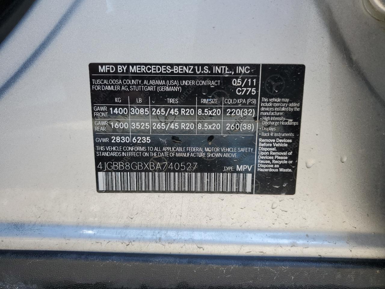 4JGBB8GBXBA740527 2011 Mercedes-Benz Ml 350 4Matic