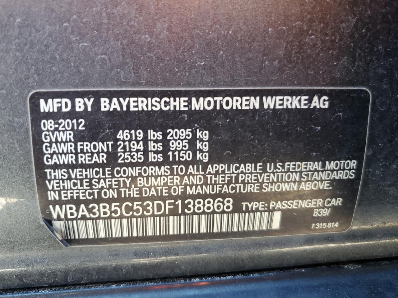 2013 BMW 328 Xi Sulev vin: WBA3B5C53DF138868