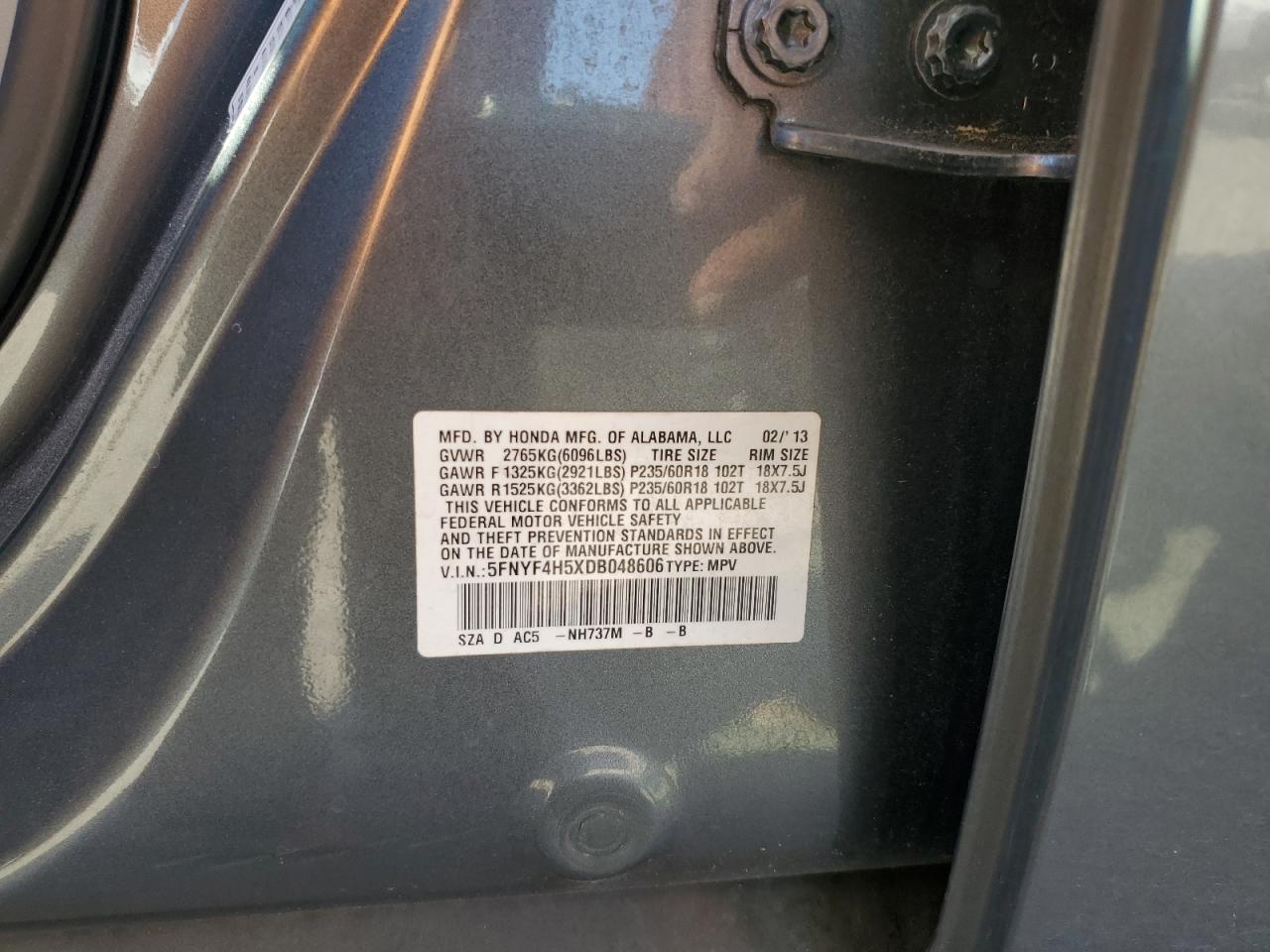 5FNYF4H5XDB048606 2013 Honda Pilot Exl