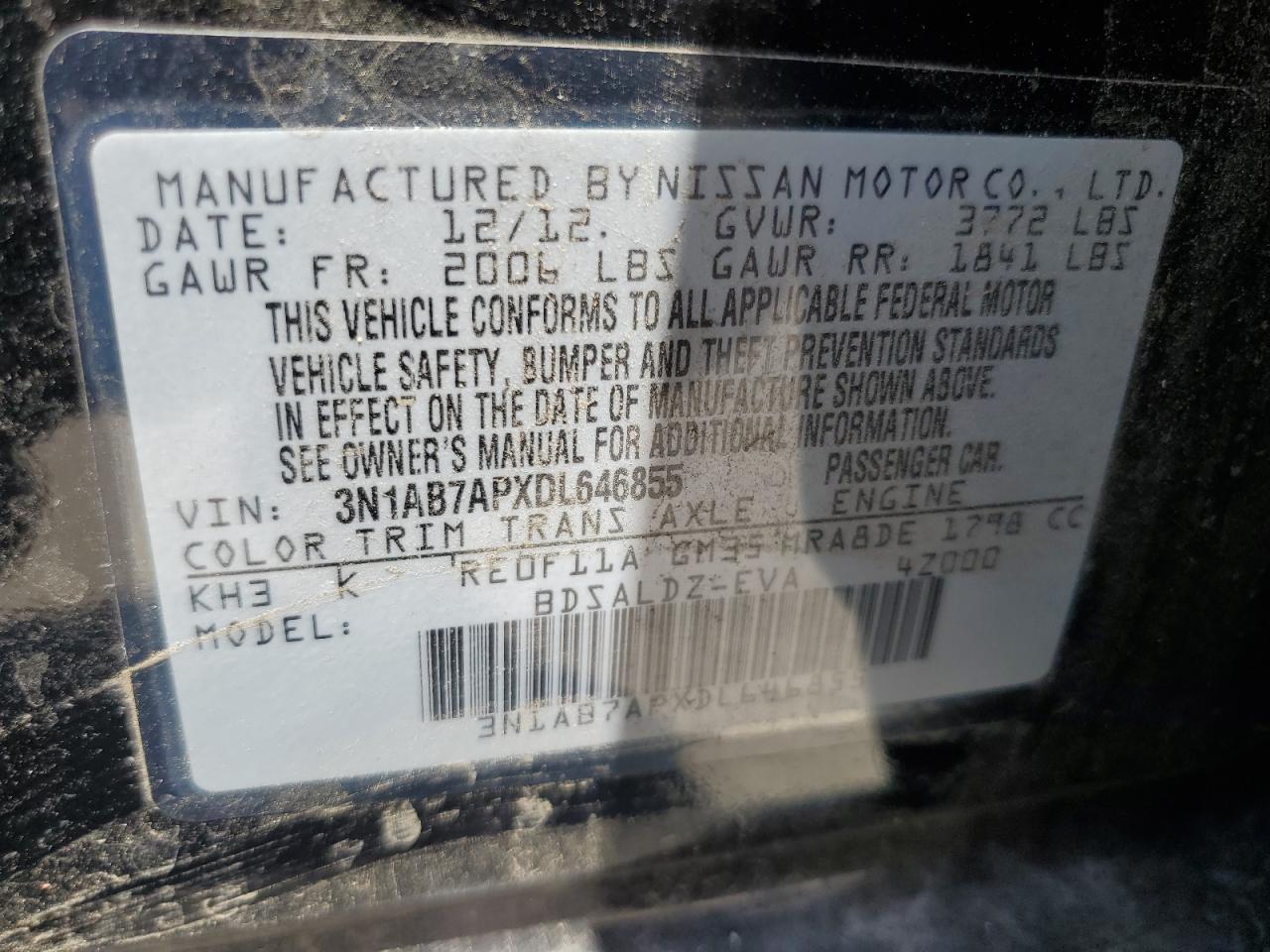 3N1AB7APXDL646855 2013 Nissan Sentra S