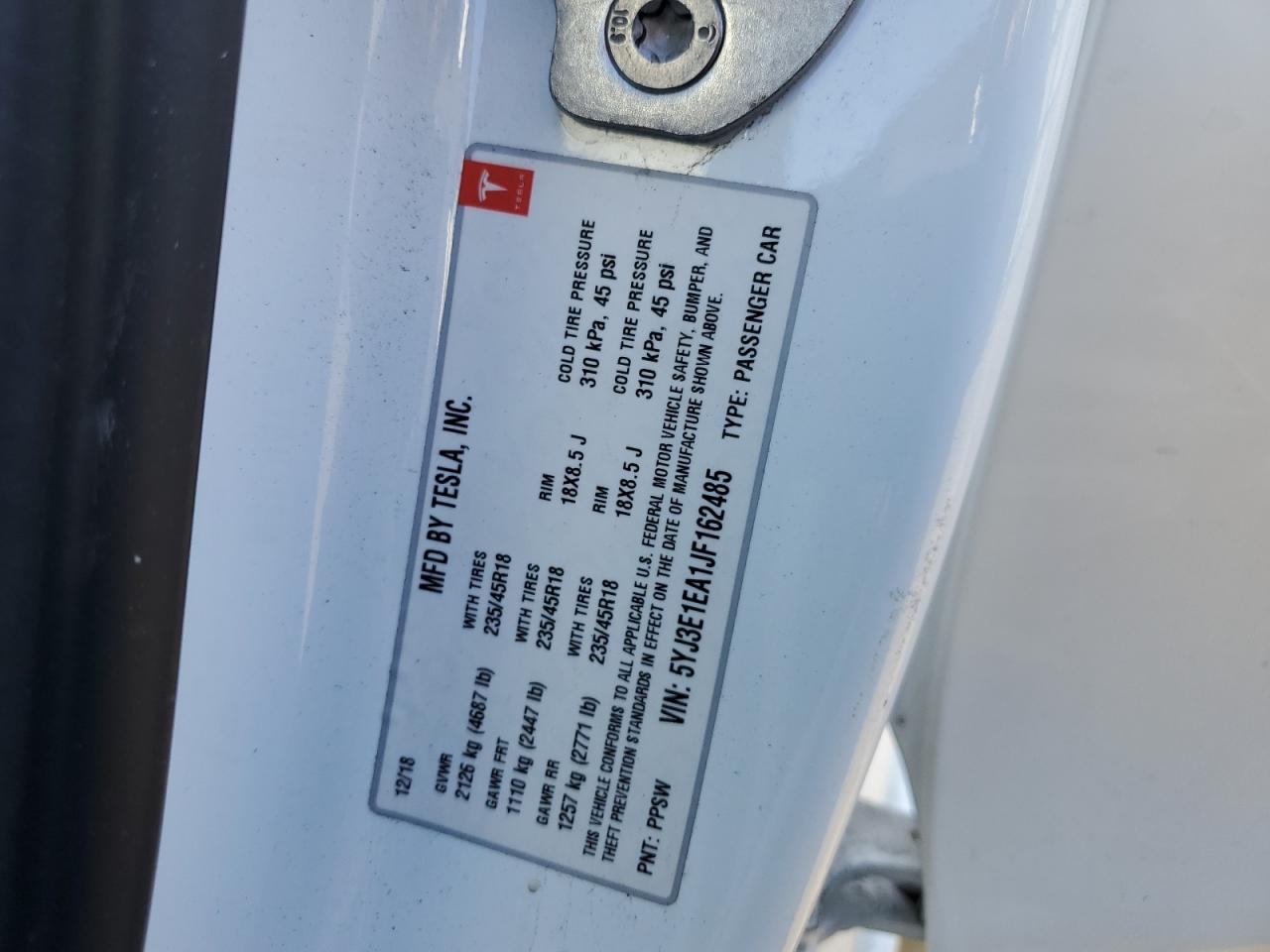 5YJ3E1EA1JF162485 2018 Tesla Model 3