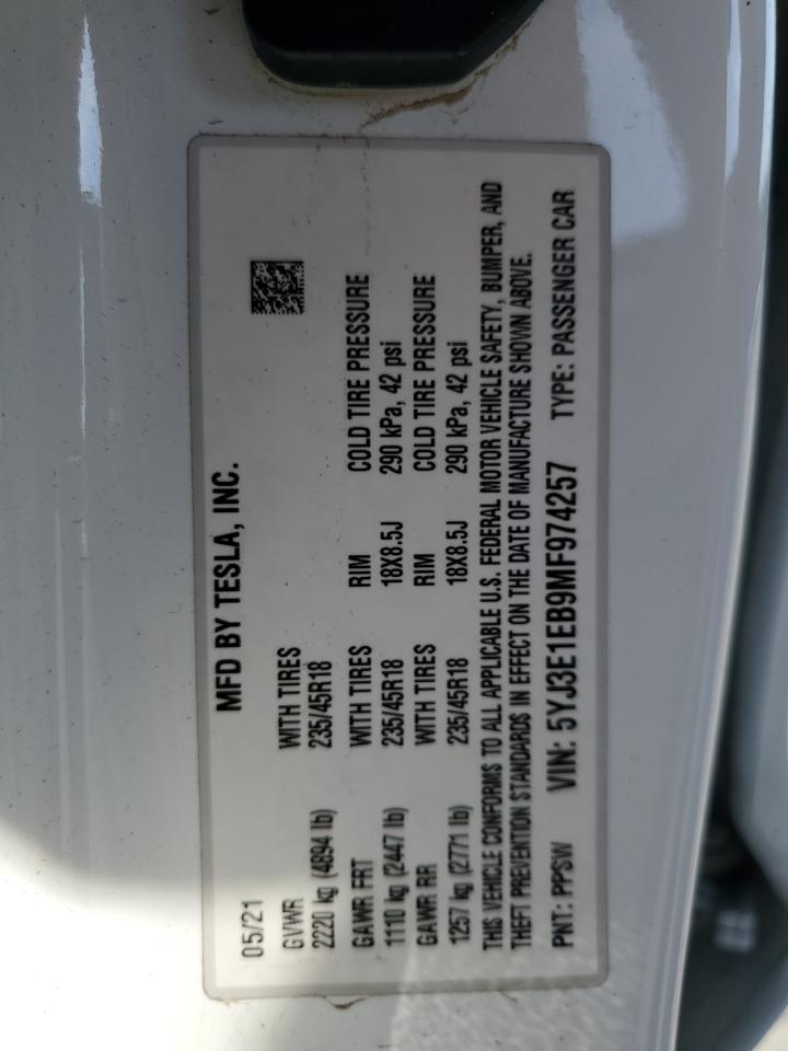 5YJ3E1EB9MF974257 2021 Tesla Model 3