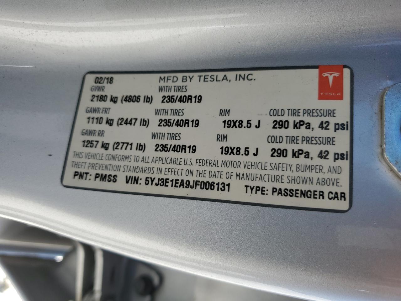 2018 Tesla Model 3 vin: 5YJ3E1EA9JF006131