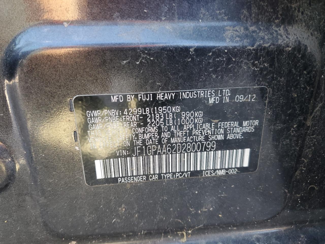 JF1GPAA62D2800799 2013 Subaru Impreza