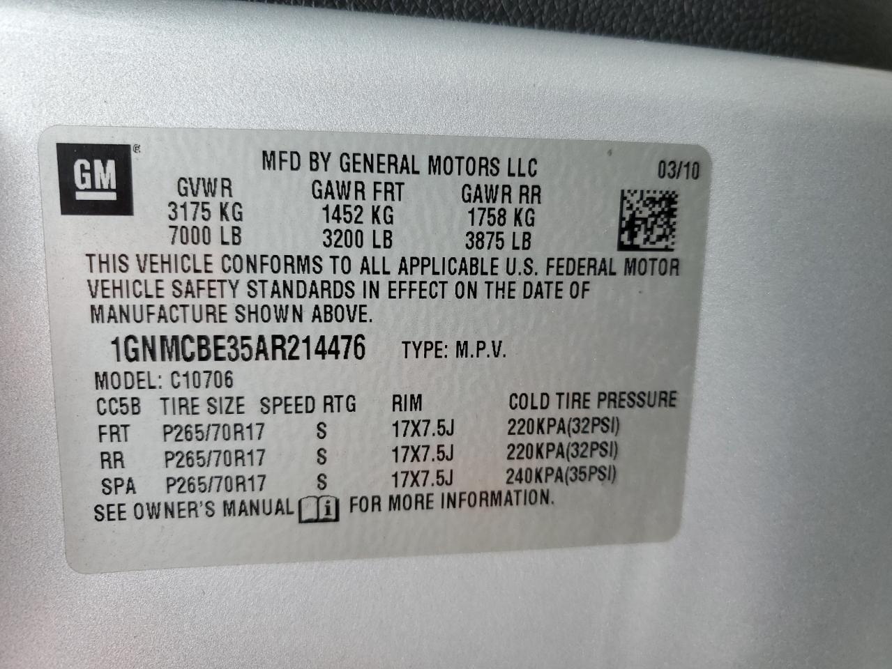 1GNMCBE35AR214476 2010 Chevrolet Tahoe C1500 Lt