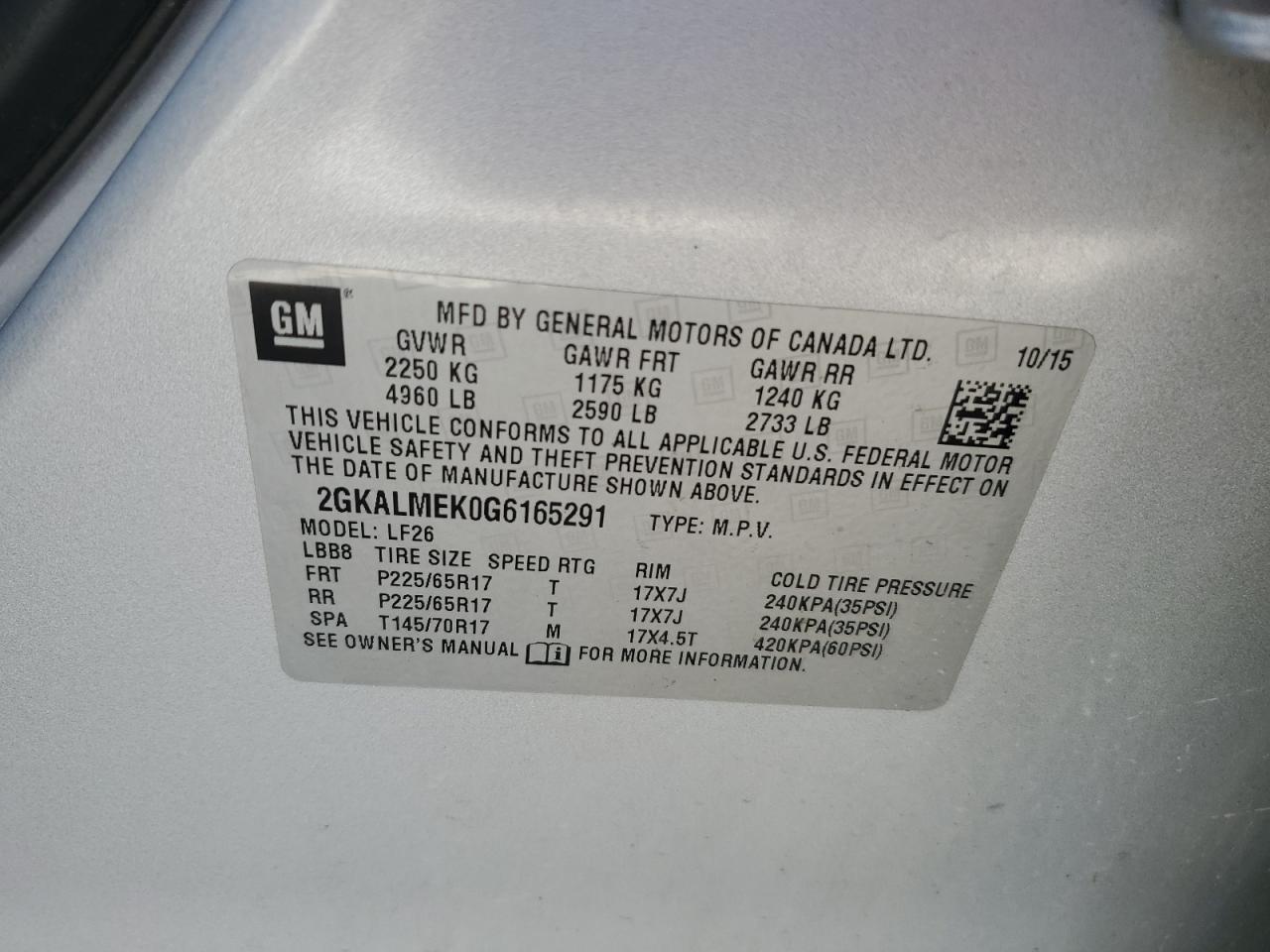 2GKALMEK0G6165291 2016 GMC Terrain Sle