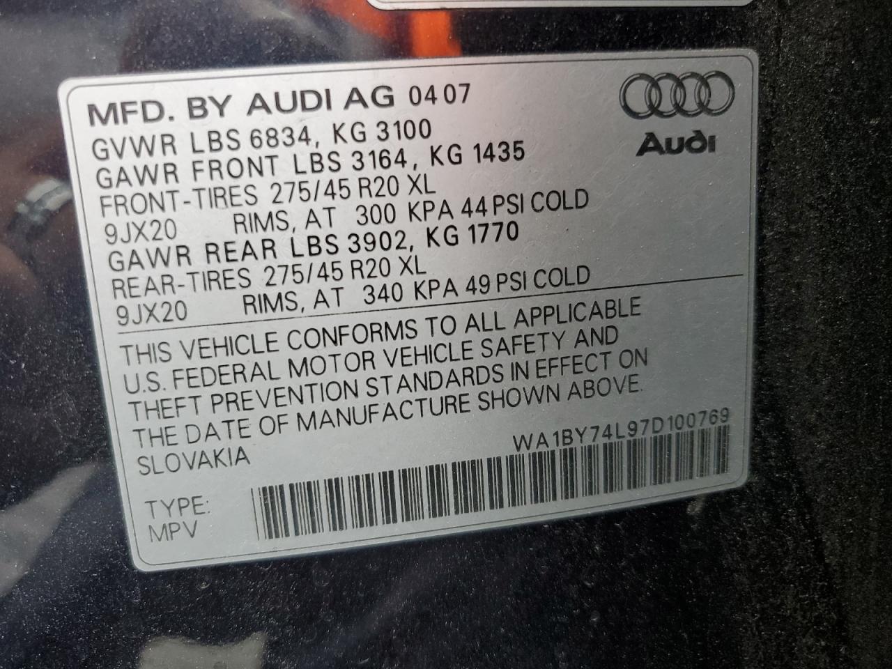 WA1BY74L97D100769 2007 Audi Q7 3.6 Quattro Premium