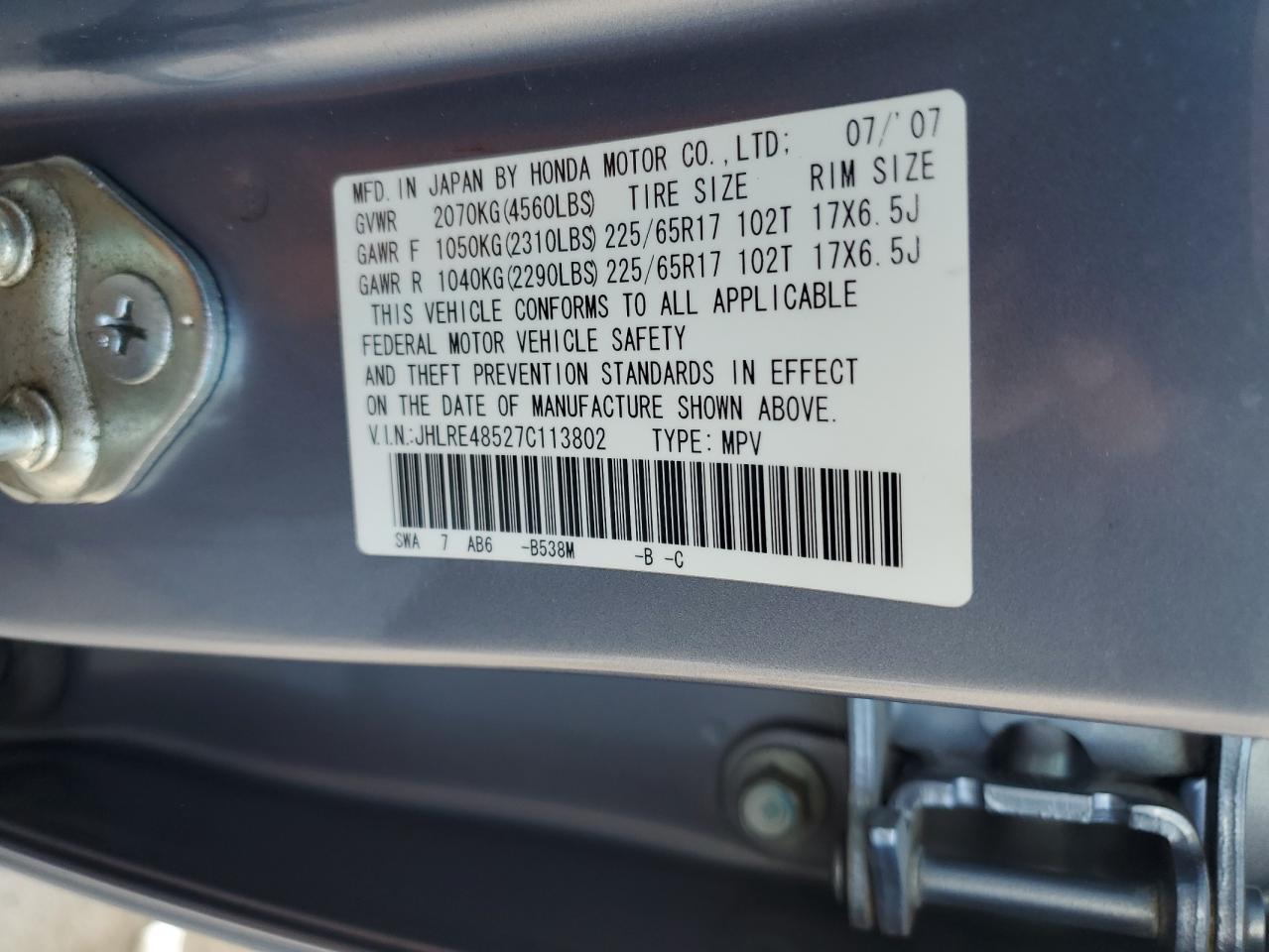 JHLRE48527C113802 2007 Honda Cr-V Ex