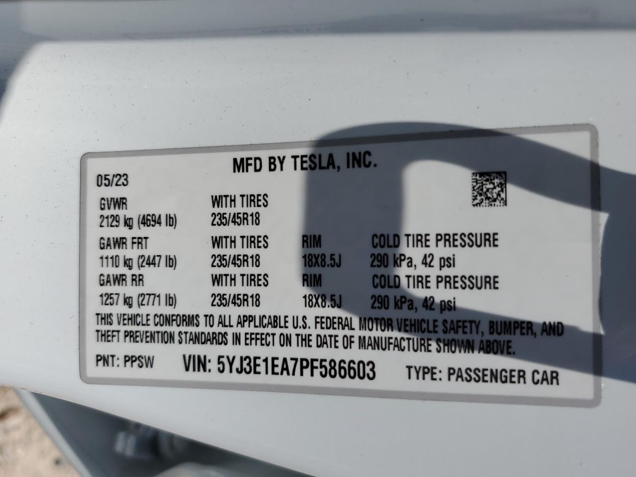 5YJ3E1EA7PF586603 2023 Tesla Model 3