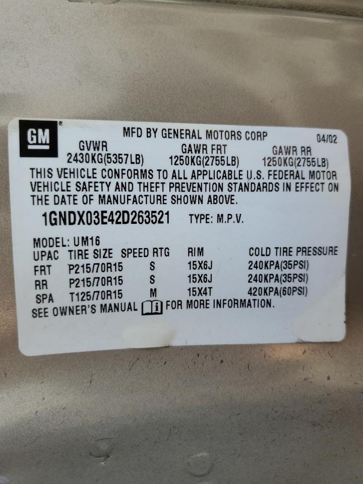 1GNDX03E42D263521 2002 Chevrolet Venture