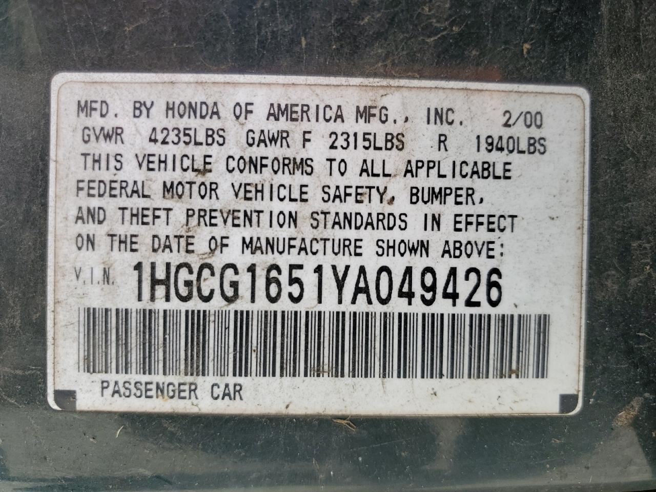 1HGCG1651YA049426 2000 Honda Accord Ex