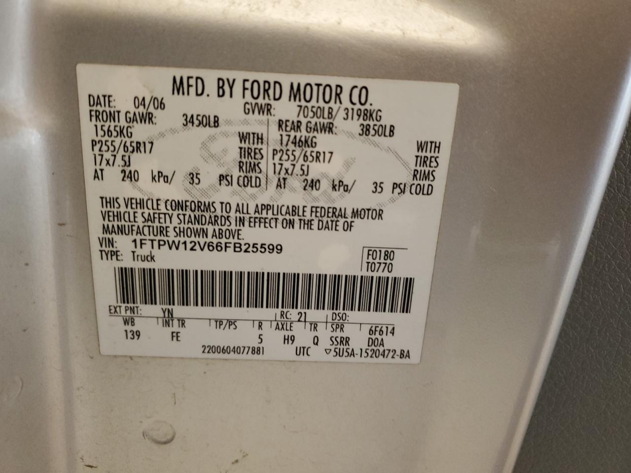 1FTPW12V66FB25599 2006 Ford F150 Supercrew