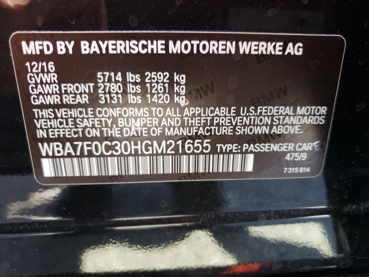 WBA7F0C30HGM21655 2017 BMW 750 I