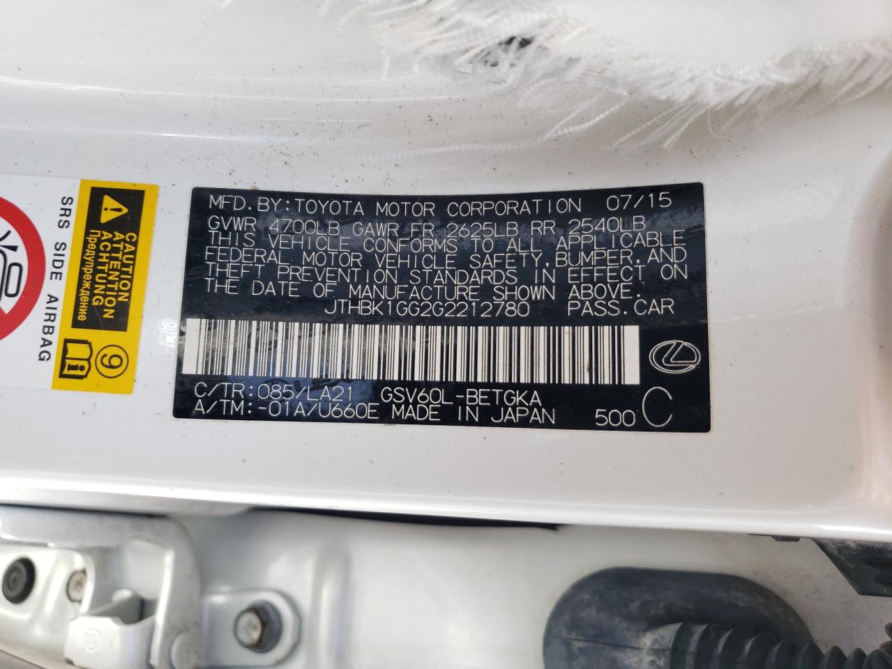 JTHBK1GG2G2212780 2016 Lexus Es 350