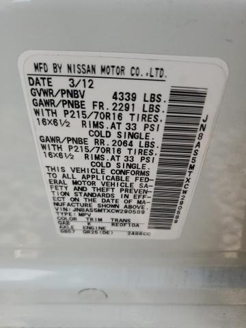 2012 Nissan Rogue S VIN: JN8AS5MTXCW290589 Lot: 59622344