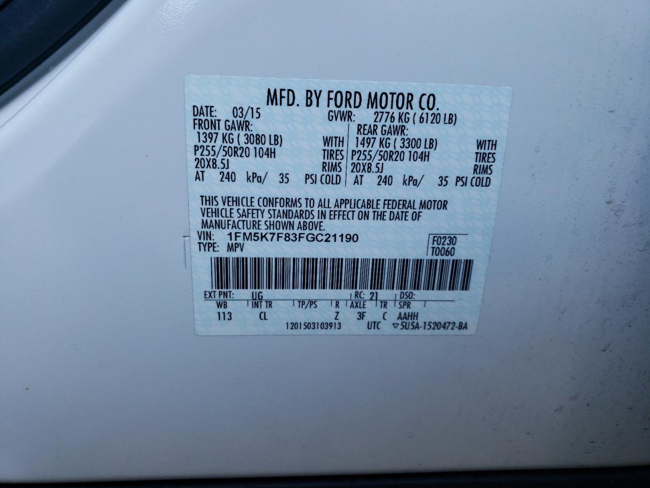 1FM5K7F83FGC21190 2015 Ford Explorer Limited