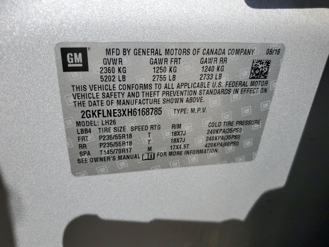 2GKFLNE3XH6168785 2017 GMC Terrain Sle