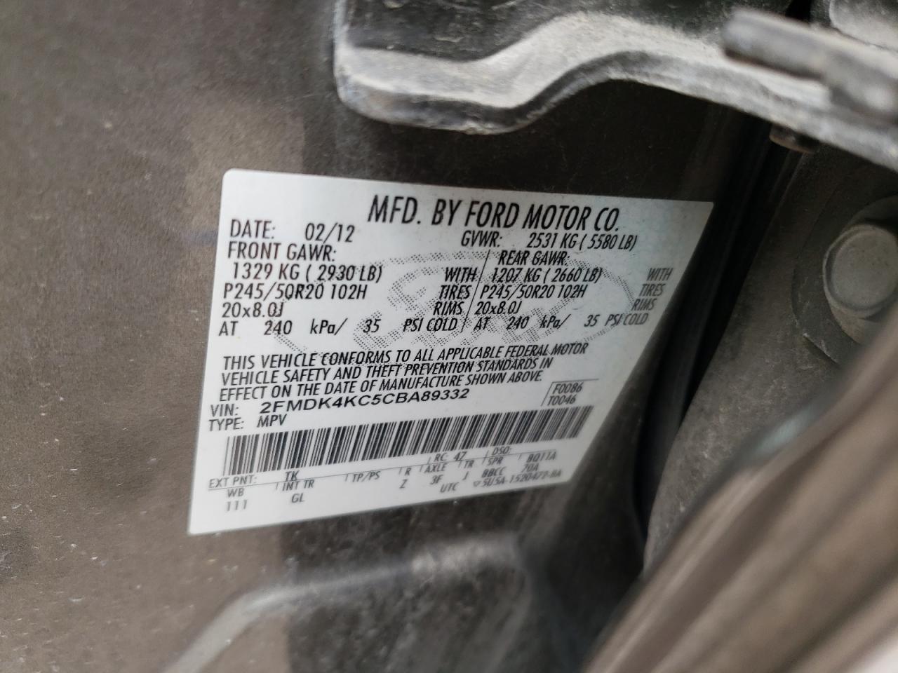 2FMDK4KC5CBA89332 2012 Ford Edge Limited