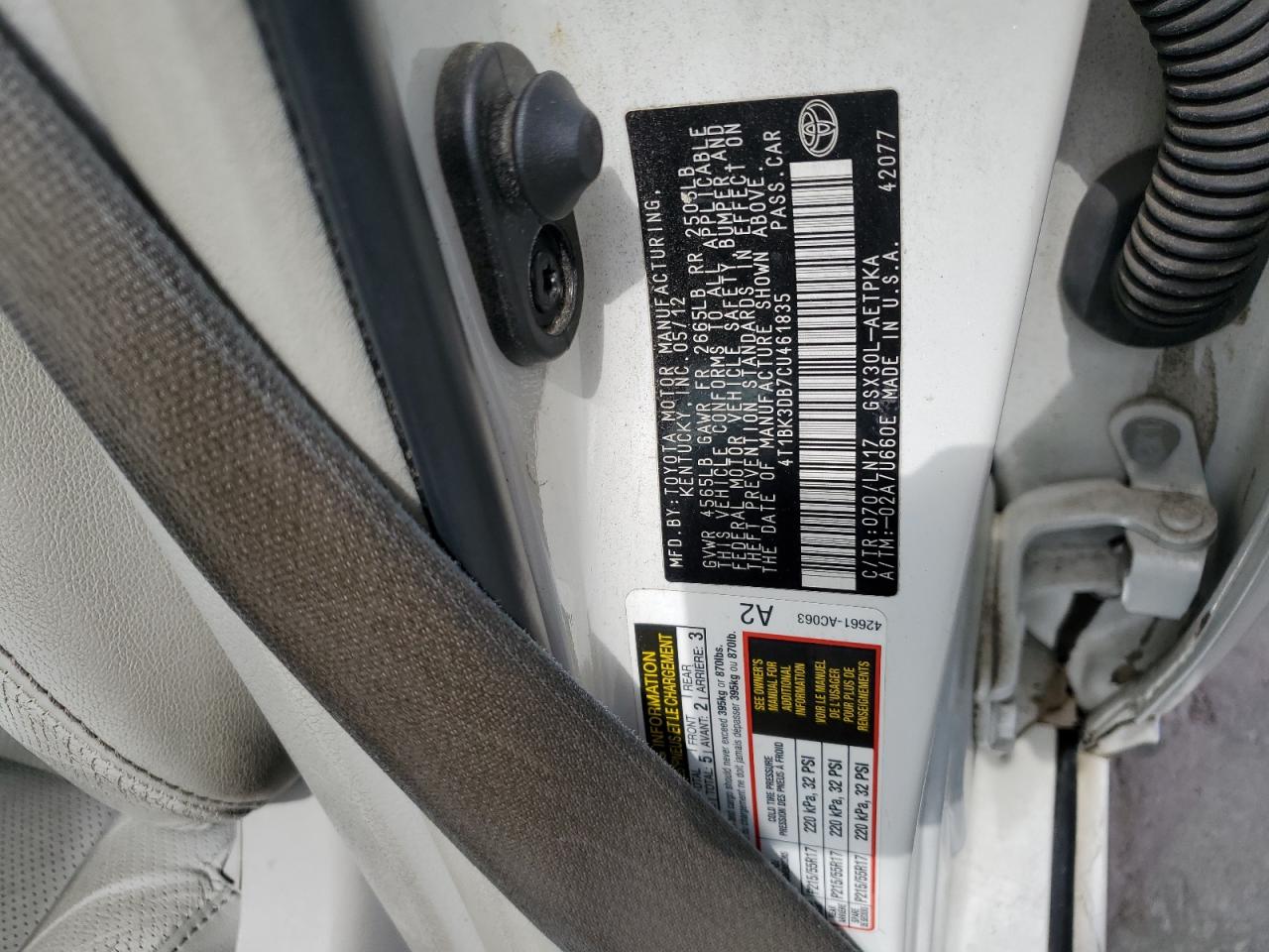 4T1BK3DB7CU461835 2012 Toyota Avalon Base