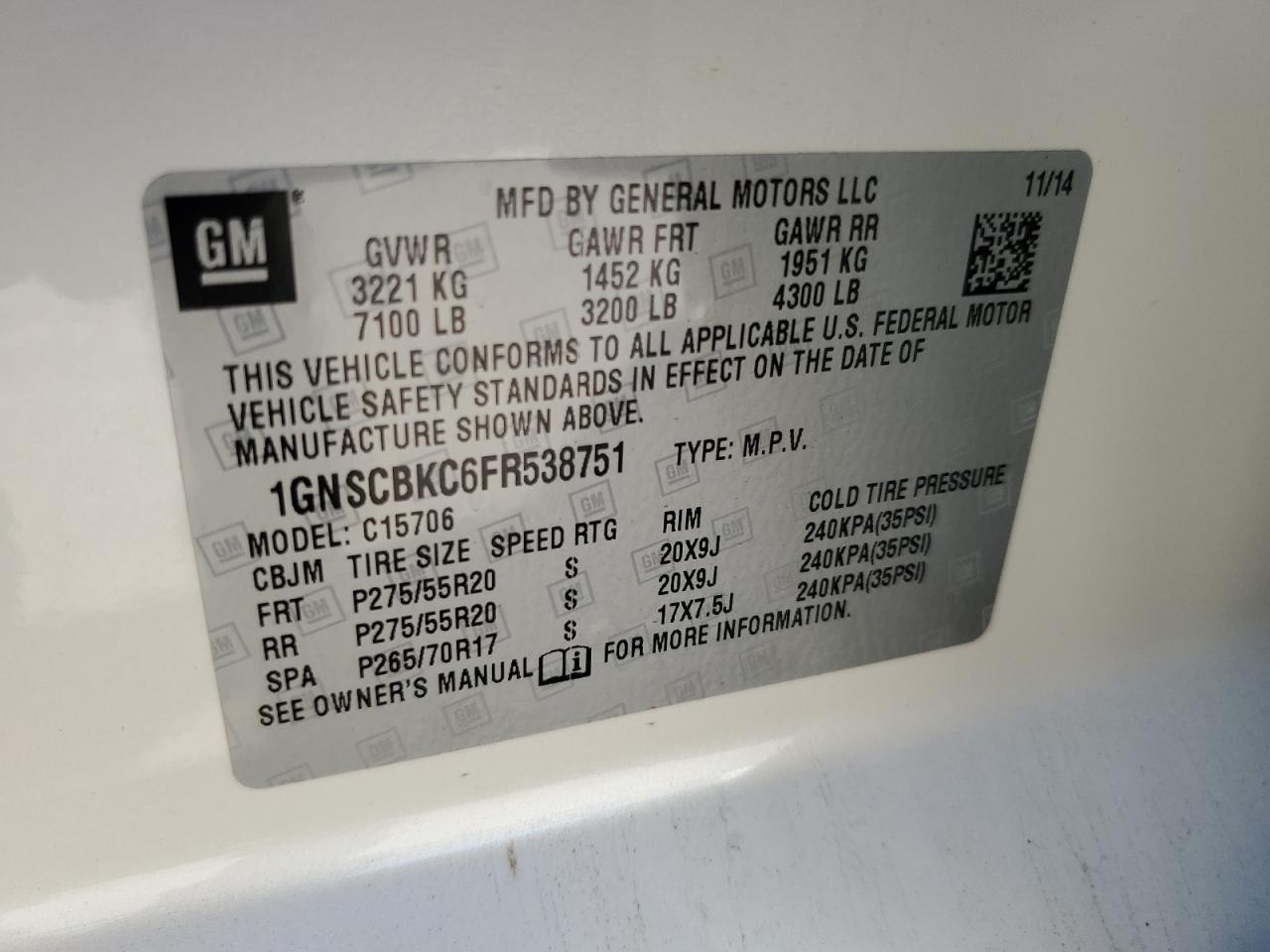 1GNSCBKC6FR538751 2015 Chevrolet Tahoe C1500 Lt