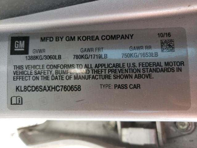 2017 Chevrolet Spark 1Lt VIN: KL8CD6SAXHC760658 Lot: 57336044