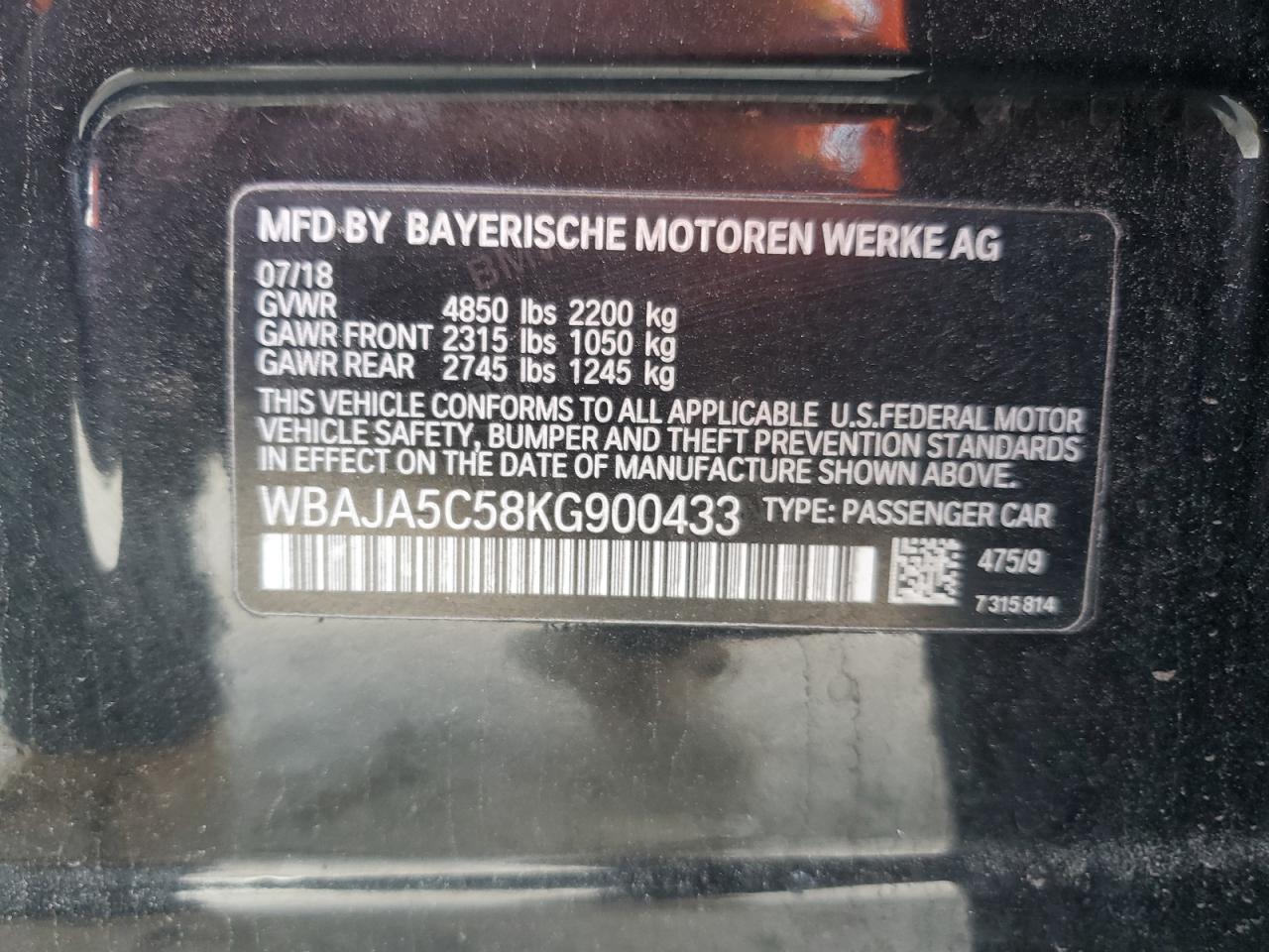 WBAJA5C58KG900433 2019 BMW 530 I