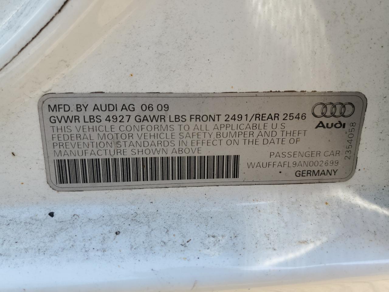 WAUFFAFL9AN002699 2010 Audi A4 Premium Plus