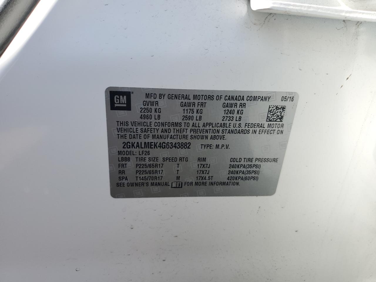 2GKALMEK4G6343882 2016 GMC Terrain Sle