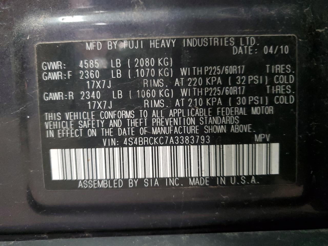 4S4BRCKC7A3383793 2010 Subaru Outback 2.5I Limited