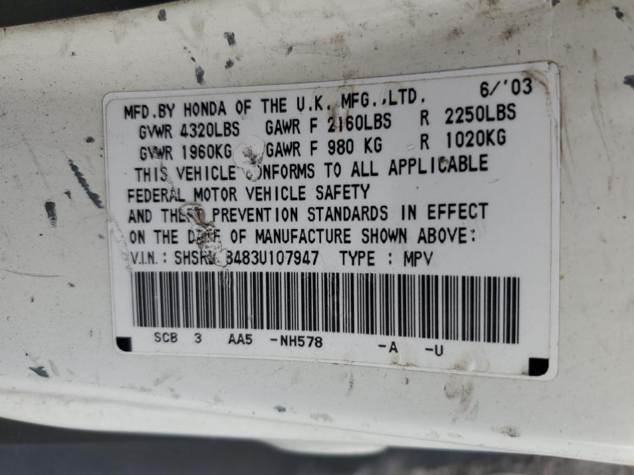 SHSRD68483U107947 2003 Honda Cr-V Lx