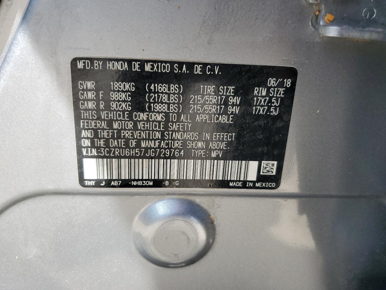 3CZRU6H57JG729764 2018 Honda Hr-V Ex