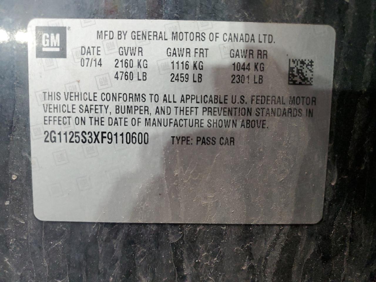 2G1125S3XF9110600 2015 Chevrolet Impala Lt