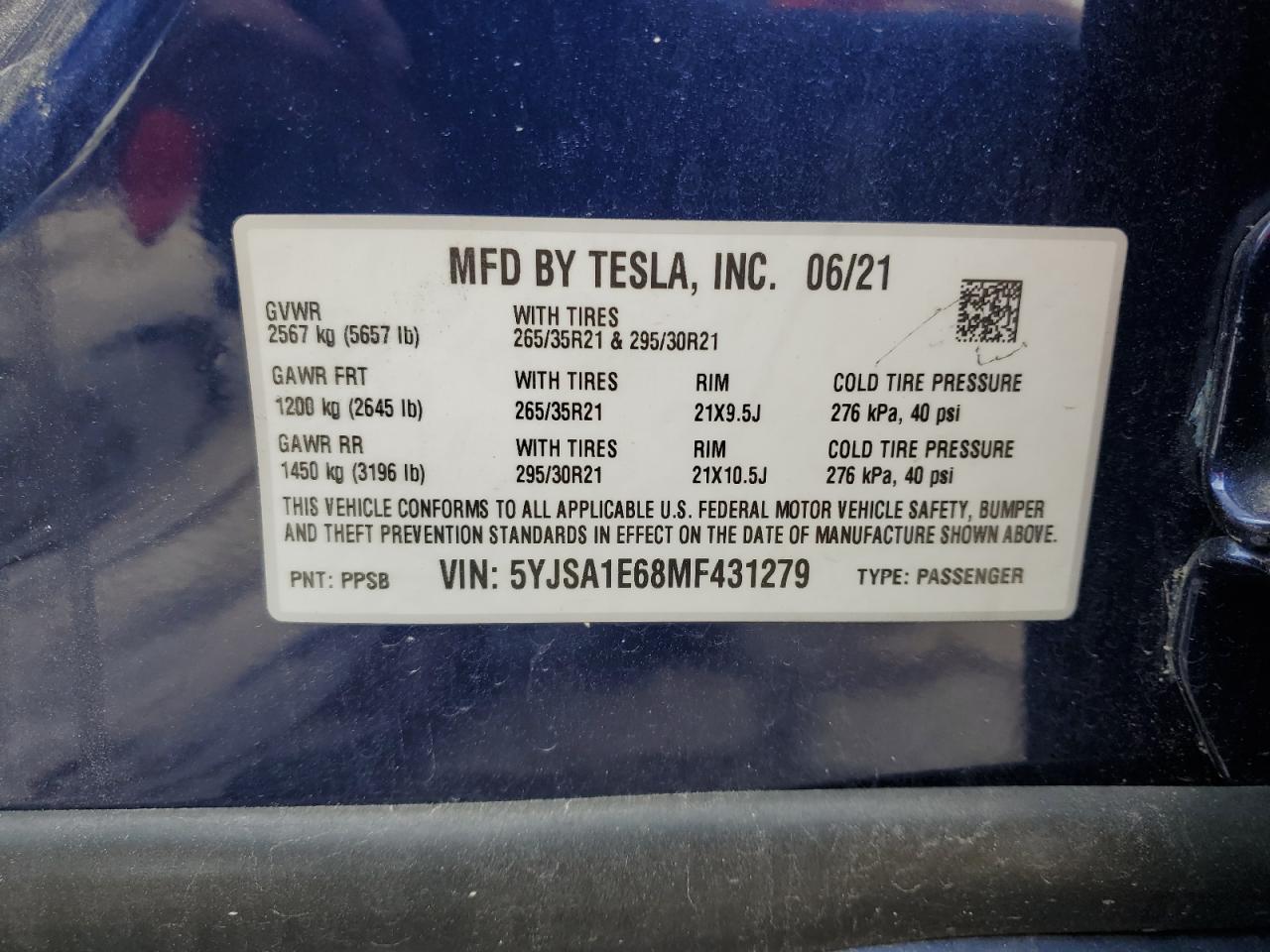 5YJSA1E68MF431279 2021 Tesla Model S