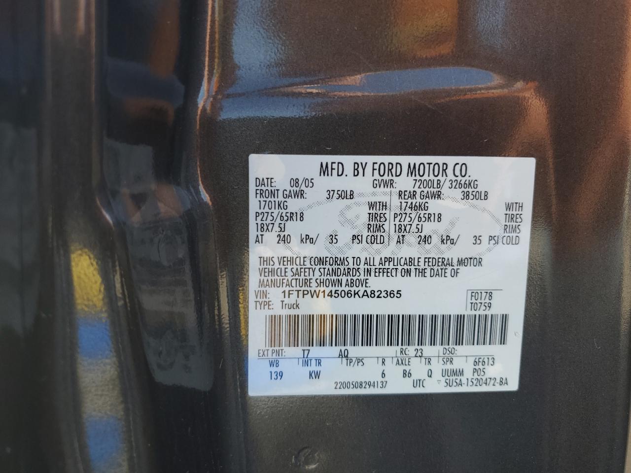 1FTPW14506KA82365 2006 Ford F150 Supercrew