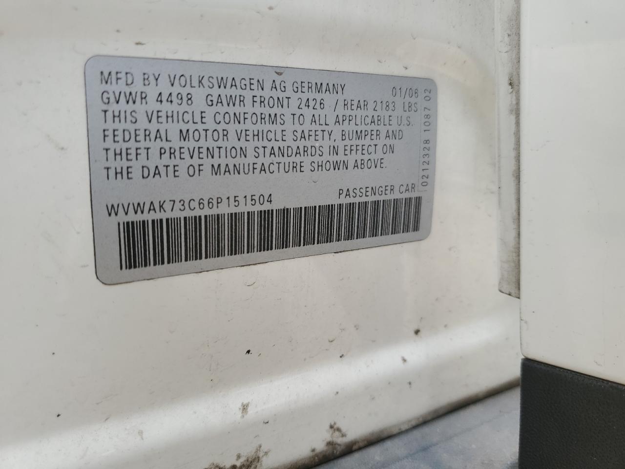 WVWAK73C66P151504 2006 Volkswagen Passat 2.0T