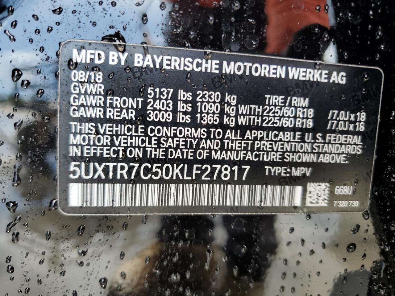 5UXTR7C50KLF27817 2019 BMW X3 Sdrive30I